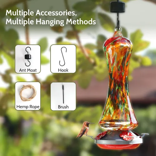 Vista 4 de Comedero de vidrio para colibríes para exteriores: regalo de colibríes naranjas para colgar en ventana para mujeres, foso de hormigas incluido, base