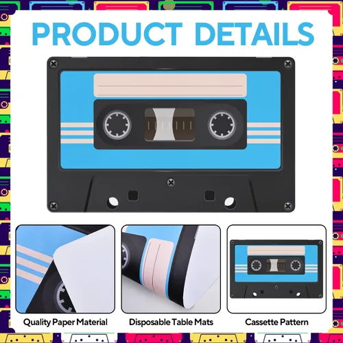 Vista 4 de Paquete de 48 manteles individuales de papel de cassette para fiestas de los años 80, manteles individuales decorativos para fiestas de hip-hop