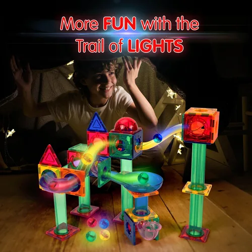 Vista 9 de PicassoTiles 50 piezas de pista de carreras de canicas + 4 bolas translúcidas con luces LED que brillan en la oscuridad: juego educativo STEAM