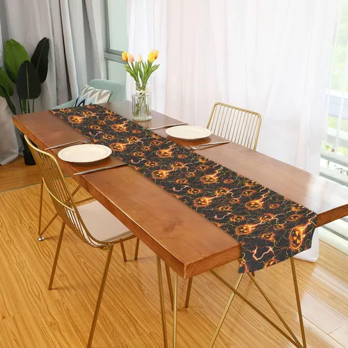 Vista 4 de Horrors Lightning Pumpkin Halloween Decorative Yellow Table Runner, 13x70inches, Fall Party Decorations Reusable Sequin Table Runner decoracion