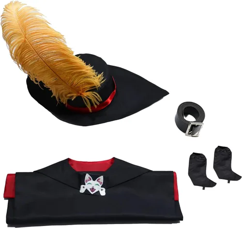Vista 6 de Yanmao Disfraz de gato con botas para niños, disfraz de gato con gorro, bata para cosplay, traje de Halloween, capa y cinturón