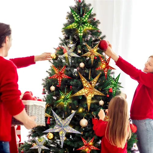 Vista 5 de Hortsun Juego de 20 faroles de papel de Navidad con forma de estrella, 2 tamaños, 17.7 y 11.8 pulgadas, adornos colgantes de Navidad, pantalla 3D
