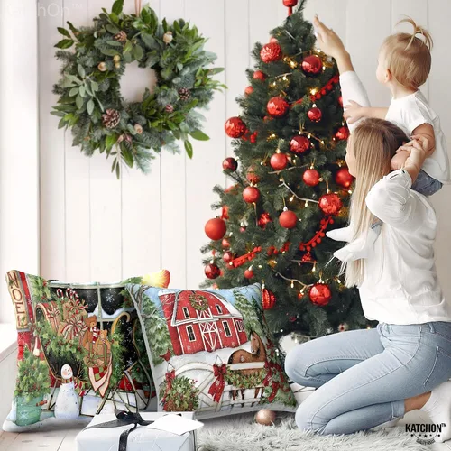 Vista 6 de KatchOn, Fundas de almohada navideñas de 18 x 18 pulgadas, paquete de 4 unidades, fundas de almohada de granja, fundas de almohada de vacaciones