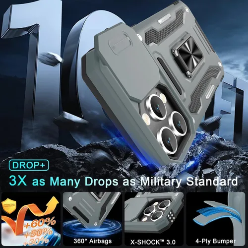 Vista 173 de DEERLAMN Funda para iPhone Xs Max con funda deslizante para cámara + protector de pantalla, soporte giratorio de anillo de grado militar a prueba