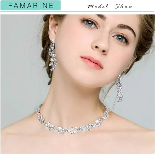 Vista 2 de FAMARINE Juego de joyas de novia plateadas, aretes de gota de boda de cristal transparente para novia dama de honor, Metal Diamante de imitación