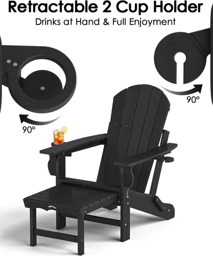 Vista 7 de Silla Adirondack plegable con reposapiés extraíble para patio al Negro