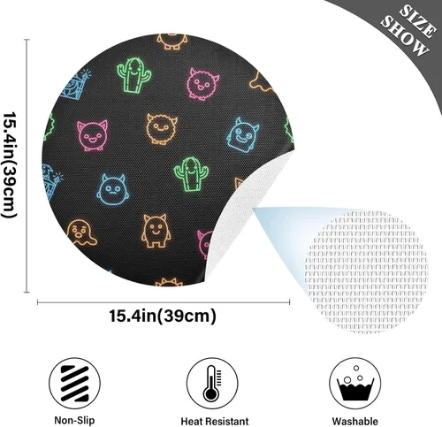 Vista 4 de Neon Cute Faces Black Round Table Placemats, Non Slip Washable Placemats Non Slip for Kitchen Table one sizex6