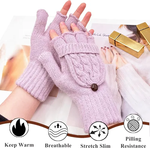 Vista 80 de Beurlike Guantes de invierno para mujer, de lana cálida, a prueba de viento, convertibles, sin dedos