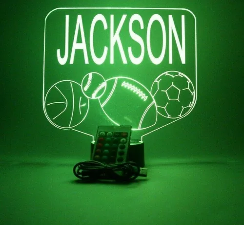 Vista 6 de Sports Array - Balón de fútbol, béisbol, fútbol, baloncesto con nombre personalizado, lámpara de luz nocturna con nombre personalizado, lámpara