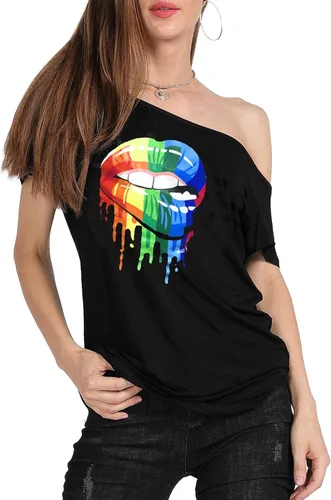 Vista 3 de MAGICMK - Camiseta casual para mujer, con estampado de labios y hombro descubierto, talla extragrande