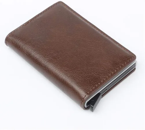 Vista 9 de CHJGLNL Cartera de cuero genuino para hombre, bloqueo RFID, de aluminio, automático, para tarjetas de crédito, café (A-Coffee), Slim