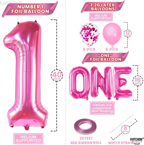 Vista 2 de KatchOn, Globos rosa intenso con el número 1 para el primer cumpleaños, 40 pulgadas, paquete de 12, globos rosa con el número 1, decoraciones