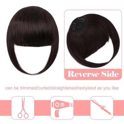 Vista 2 de Extensión de clip de pelo grueso con flecos, flequillo recto y ordenado para mujer, flequillo plano con sienes, marrón oscuro