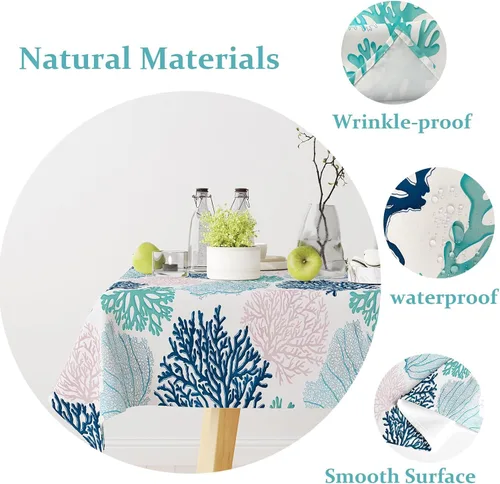Vista 6 de Mantel rectangular náutico costero con estampado de coral, diseño de playa, decorativo impermeable para comedor al aire libre, cocina, sala
