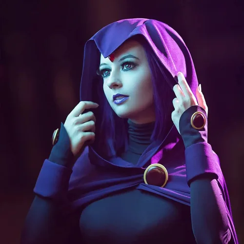 Vista 3 de Titans - Disfraz de cuervo adolescente para mujer, disfraz de lujo, capa de Halloween, cosplay, conjunto de cosplay de cuervo morado