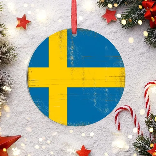 Vista 4 de Adornos de árbol de Navidad con bandera de Suecia, recuerdo de ciudad de país de Suecia, adornos de Navidad personalizados 2022, adornos colgantes