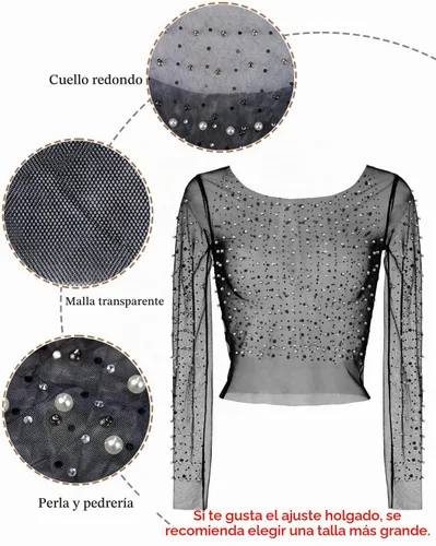 Vista 4 de Blusa de malla transparente con perlas de strass para mujer, de manga larga, de una pieza, para cubrir, top corto de Halloween, para festival, Negro