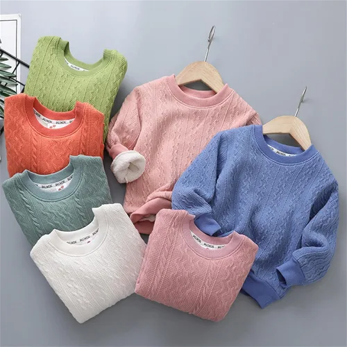 Vista 5 de Suéter de punto grueso de cuello redondo sólido para niños y niñas, para otoño e invierno, para 2 a 7 años, Naranja