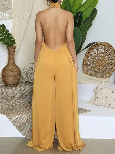 Vista 4 de Ekaliy - Enterizo sexi de verano para mujer, de chifón, con escote halter, sin mangas, pantalón largo de pierna ancha, enterizo de fiesta