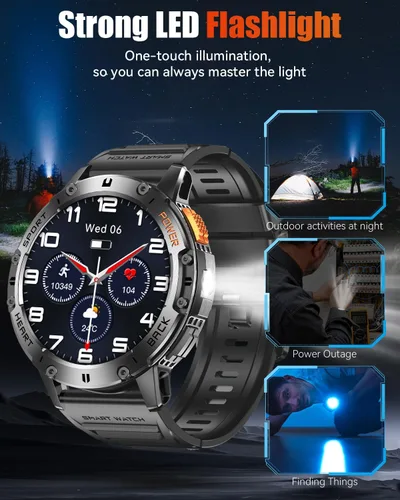 Vista 4 de Relojes inteligentes militares para hombre con llamada Bluetooth, reloj inteligente AMOLED impermeable de 1.43 pulgadas con linterna, 111 modos