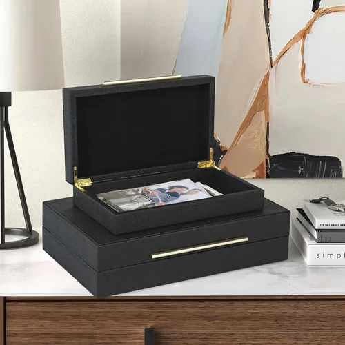 Vista 6 de HofferRuffer Juego de 2 cajas decorativas de piel sintética, organizador de accesorios grande de recuerdos, organizador de joyas con tapa con Negro