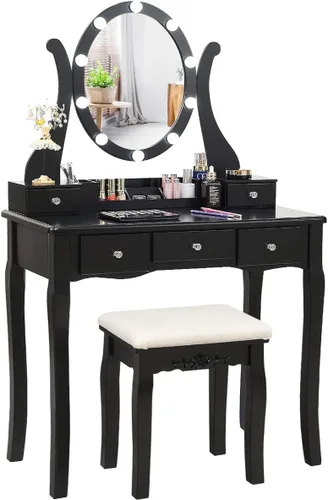 Vista 14 de CHARMAID Juego de tocador de maquillaje con espejo y taburete acolchado, tocador con 5 cajones y organizadores de almacenamiento extraíbles, mesa