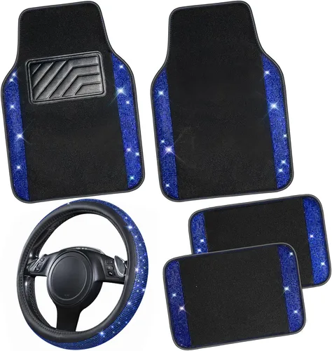 Vista 13 de CAR PASS - Funda de volante de cuero con diamantes brillantes, tapetes de piso de 36.8 cm a 38.1 cm con diamantes de imitación brillantes, alfombra