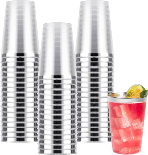 Vista 14 de Goodluck 50 piezas de vasos de plástico de 10 onzas para fiesta, vasos desechables plateados, vasos de cóctel de plástico para boda, Acción de Plata