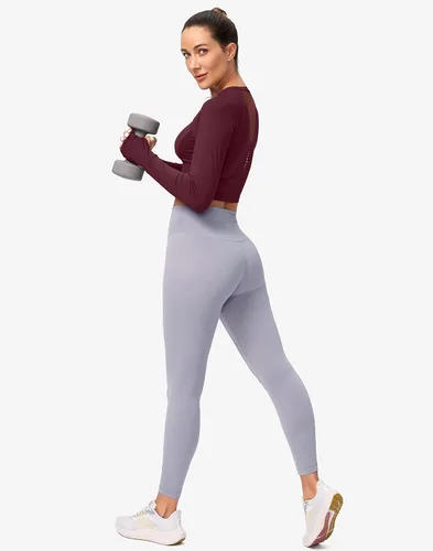 Vista 6 de SANTINY Camiseta corta de manga larga para mujer, ajustada, para gimnasio, yoga, correr, para mujer