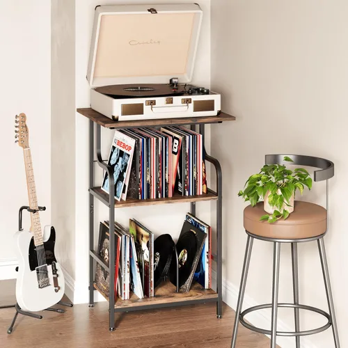 Vista 2 de Soporte para tocadiscos, mesa para tocadiscos de 3 niveles, almacenamiento de discos de vinilo con escritorio extragrande, mesa auxiliar para discos