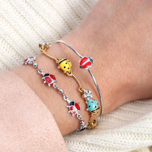 Vista 6 de Bling Jewelry Good Luck Garden Lucky Multi Station Charms Esmalte Rojo Mariquitas Pulsera para mujeres adolescentes Plata de ley 925 7,7.5 pulgadas
