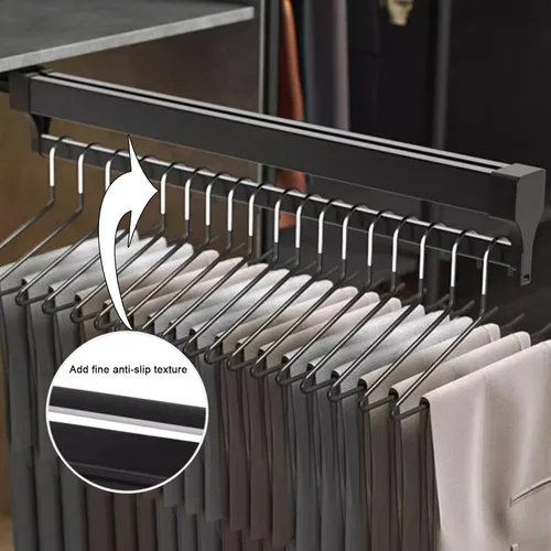 Vista 5 de Barra de valet deslizante retráctil, Rodamiento de 55.1 lbs Barra de armario extraíble, Estante organizador de pantalones de aleación de aluminio