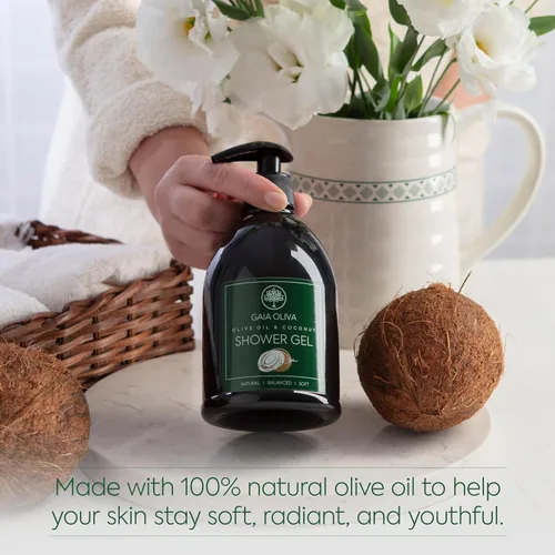 Vista 5 de GAIA Oliva Gel de ducha de aceite de oliva – Gel de ducha natural con coco, gel corporal hidratante e hidratante para mujeres y hombres, gel de baño