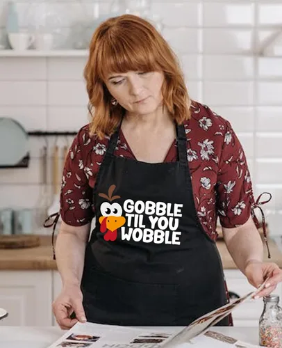 Vista 2 de Delantales de Acción de Gracias para mujeres y hombres con bolsillos, delantal de pavo Gobble Til You Wobble, regalos de parrilla de cocina