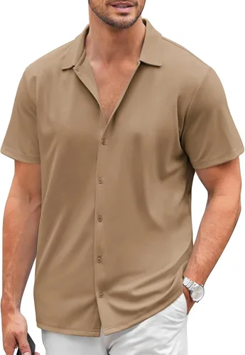Vista 11 de COOFANDY Camisa casual con botones para hombre, manga corta, sin arrugas, camisa de verano Negro