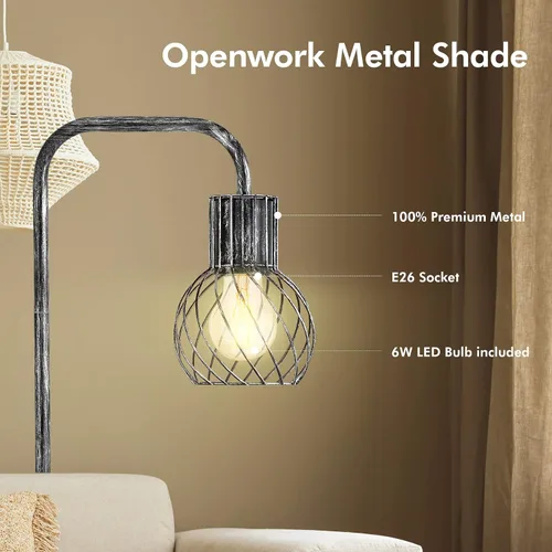 Vista 4 de Lámpara de pie industrial, lámpara de pie plateada antigua moderna con bombilla LED de 6 W, interruptor de pie, lámparas altas de metal para sala