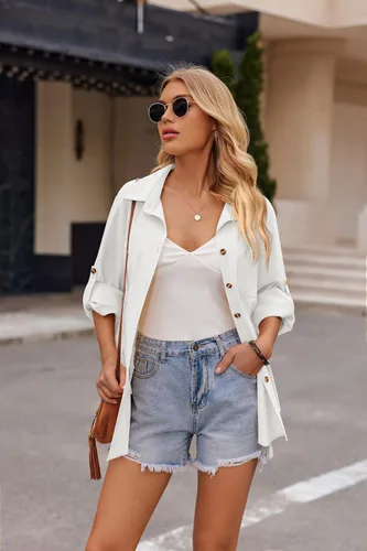 Vista 4 de Zeagoo Conjunto de 2 piezas de lino para mujer, camisa con botones y pantalones largos con cordón, conjuntos de verano