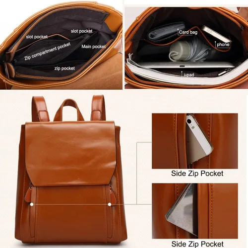 Vista 5 de Dayfine Mochilas vintage para mujer, mochila de cuero de cera de aceite, bolso de mano, bolso de hombro, bolsas casuales para universidad, Marrón