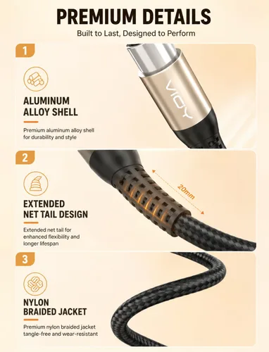 Vista 7 de VIOY Cable de micrófono XLR de 6.6 pies, cable de micrófono macho a hembra, cable equilibrado de 3 pines - cable de extensión XLR trenzado de nailon