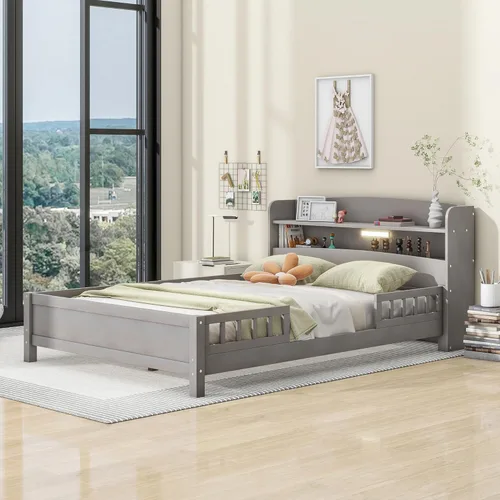 Vista 10 de Cama de plataforma de tamaño individual con cabecera de almacenamiento y luz LED integrada, base de cama de plataforma de madera con barandilla