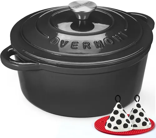 Vista 27 de Overmont - Horno holandés de hierro fundido esmaltado, de 4.5 QT, con tapa, libro de cocina (idioma español no garantizado) y agarraderas de verde