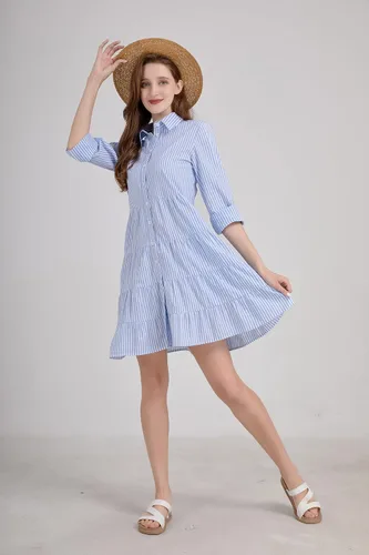 Vista 2 de utcoco Vestido camisero a rayas con botones para mujer, casual, holgado, con puños, manga larga, vestidos largos