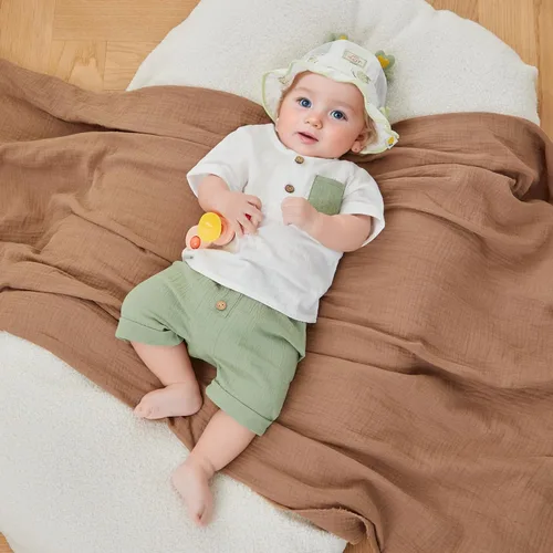 Vista 26 de Conjunto de ropa casual de manga corta con botones y pantalones cortos de lino para bebés y niños pequeños