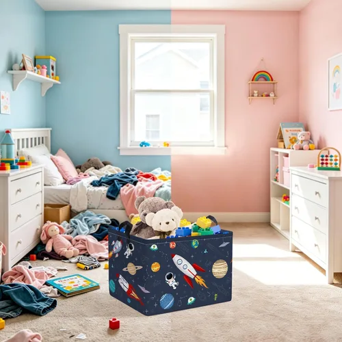 Vista 2 de Clastyle Rocket Astronauta - Cesta rectangular para niños, planeta cósmico, universo, azul, cubo de almacenamiento de juguetes, 36L