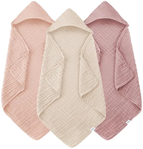 Vista 9 de Toallas de baño de muselina con capucha para bebé, paquete de 3 toallas 100% algodón ultrasuaves para recién nacidos, bebés, niños pequeños, 32 x 32