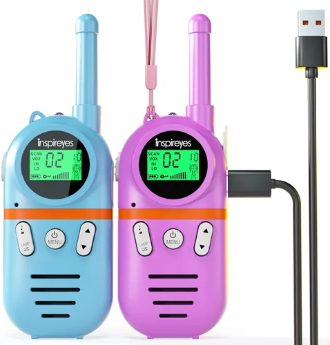 Vista 18 de Inspireyes Walkie Talkies para niños recargables, juguetes para niños y niñas de 3 a 12 años, paquete de 2 radios bidireccionales de largo alcance