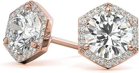 Vista 6 de IGI - Aretes de tuerca de diamantes redondos con halo hexagonal con certificación IGI en oro amarillo blanco de 14 quilates, rosa para mujer