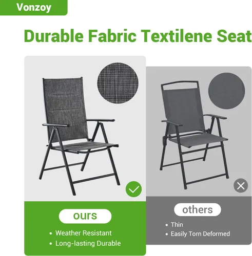 Vista 7 de Juego de 2 sillas plegables para patio, sillas de patio al aire libre con asiento acolchado de algodón de textileno suave y respaldo ajustable de 7