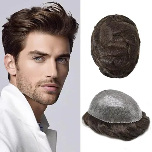 Vista 442 de Toupee para hombre 100% cabello humano real tupé para hombres 0.004 in piel de poliuretano para hombre, sistema de reemplazo de piezas de pelo