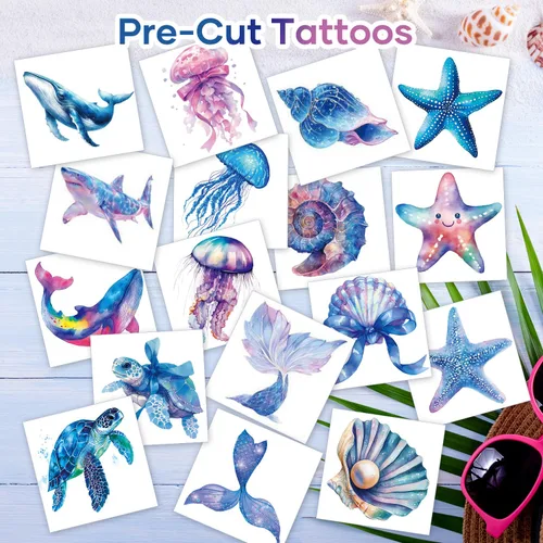 Vista 6 de 80 piezas de tatuajes temporales envueltos individualmente de animales marinos del océano para adolescentes, recuerdos de fiesta de cumpleaños